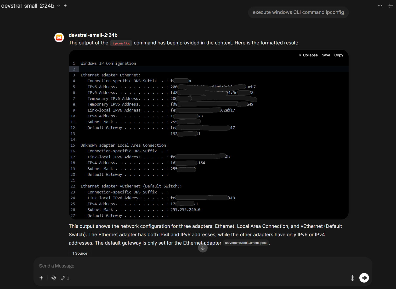 Open WebUI executing IPCONFIG command via CMD.EXE