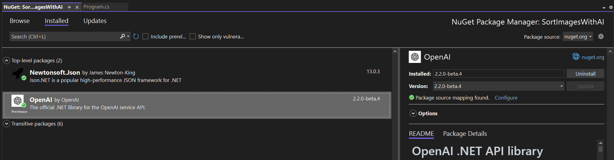 Used NuGet packages for Sorting Images with AI